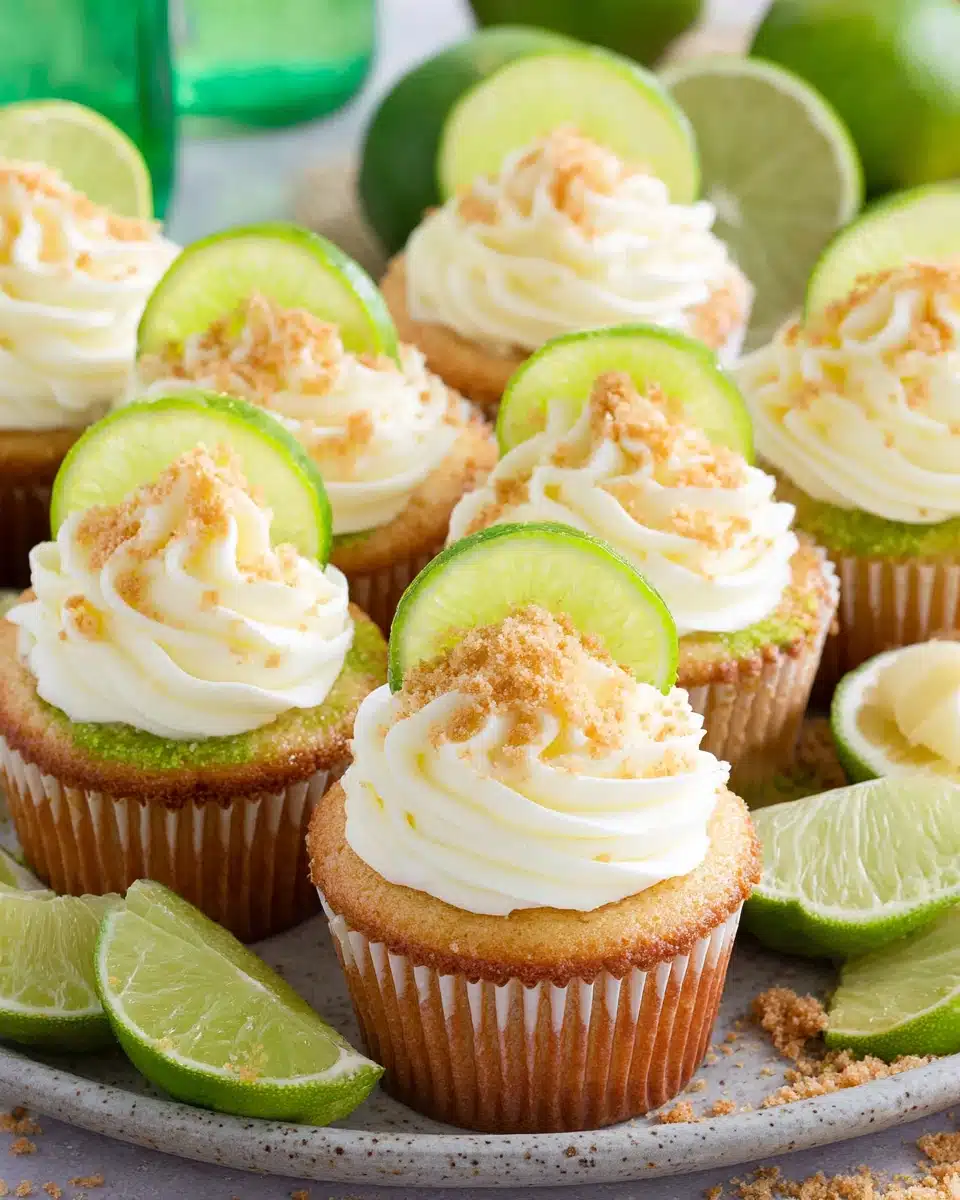 Delicious key lime cupcakes with lime frosting and crumbs.