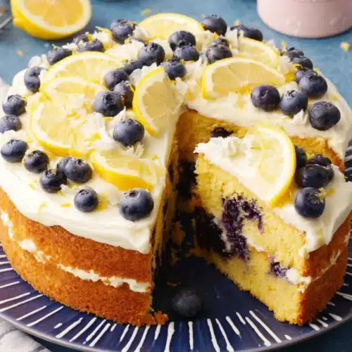 Lemon blueberry cake with layers, fresh blueberries, and lemon slices.