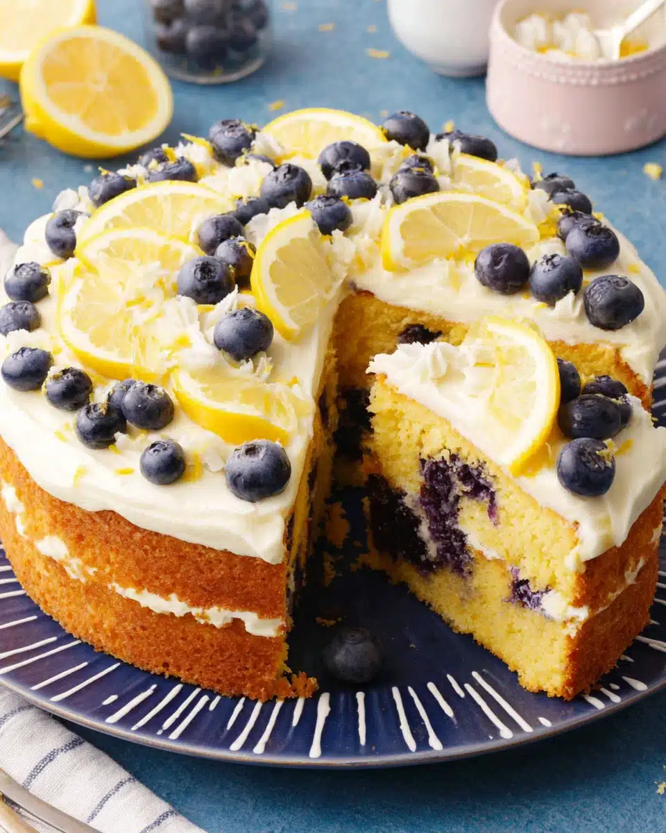 Lemon blueberry cake with layers, fresh blueberries, and lemon slices.