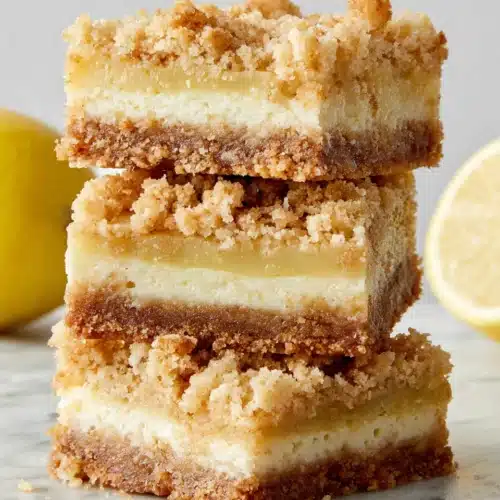 Lemon crumb bars stacked deliciously, perfect treat.