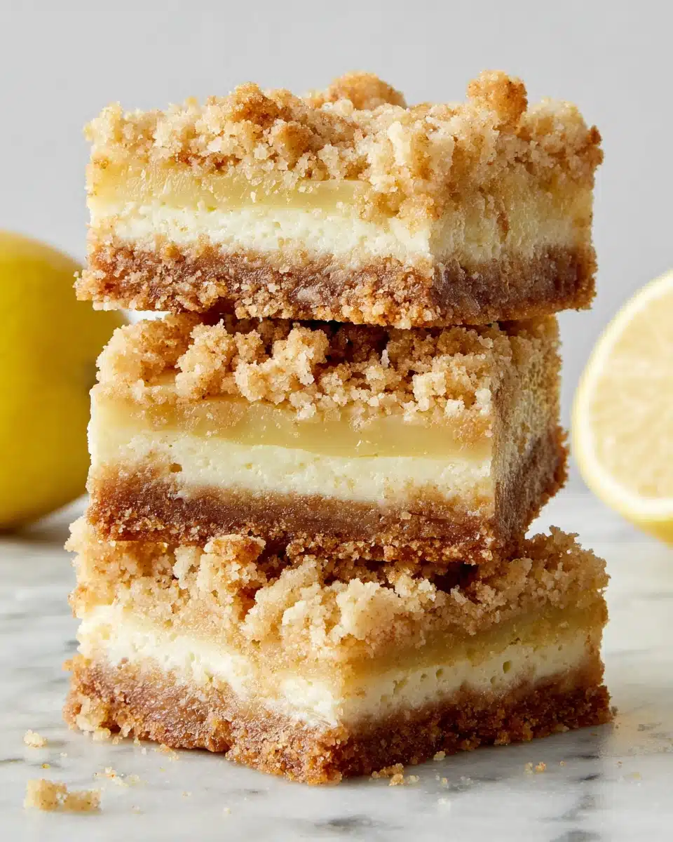Lemon crumb bars stacked deliciously, perfect treat.