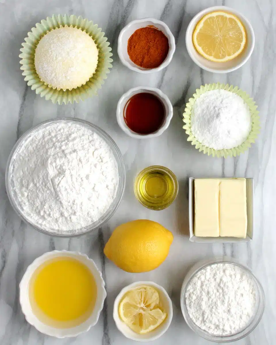 Lemon cupcake ingredients on a countertop.