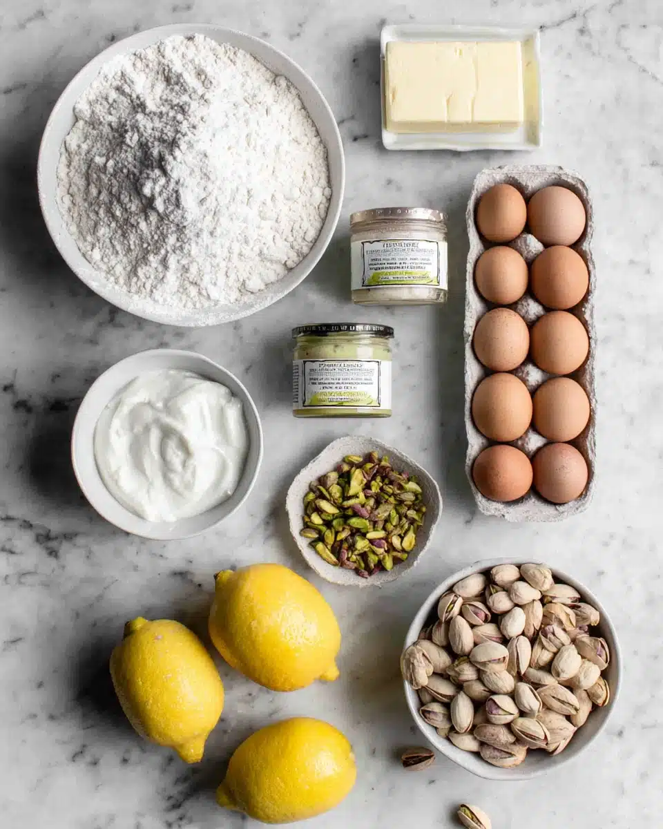 Lemon pistachio cake ingredients on a marble counter.