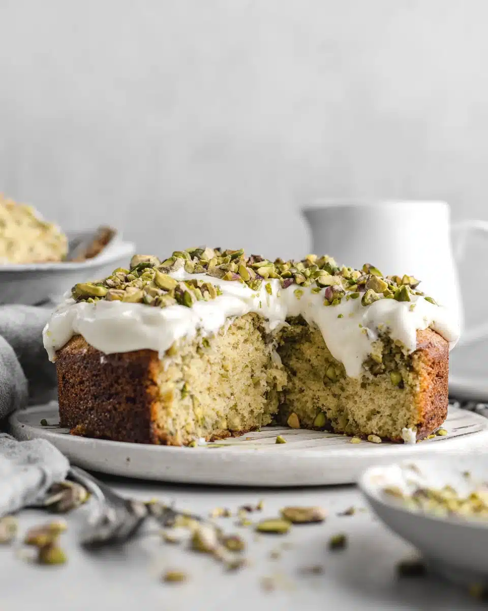 Lemon pistachio cake with mascarpone frosting and pistachios