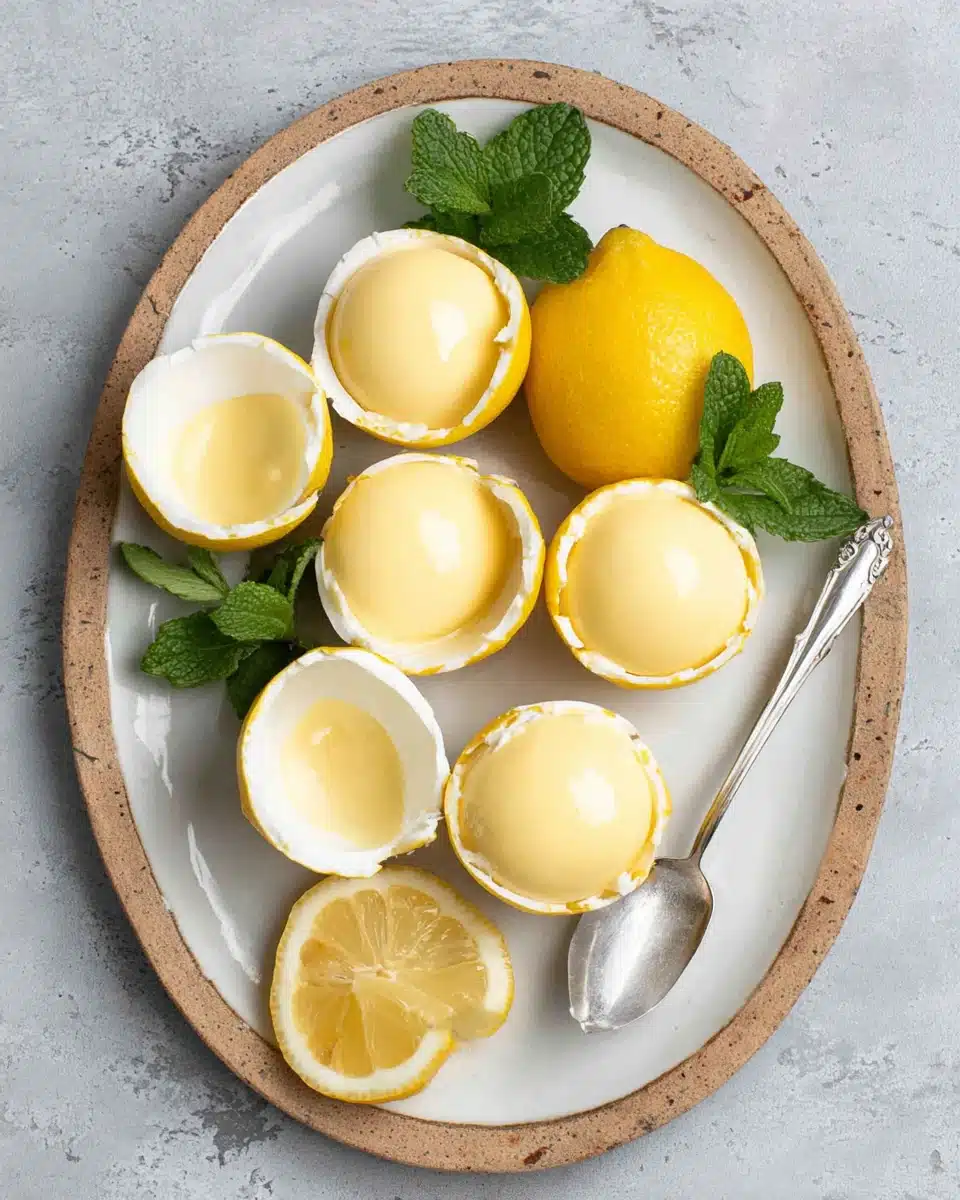 Creamy lemon posset dessert in lemon shells.