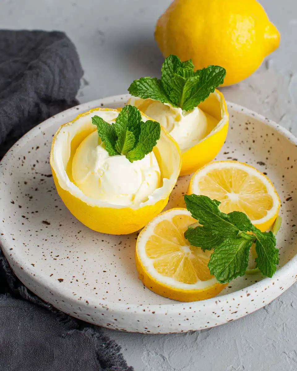 Delicious lemon posset dessert in lemon shells.