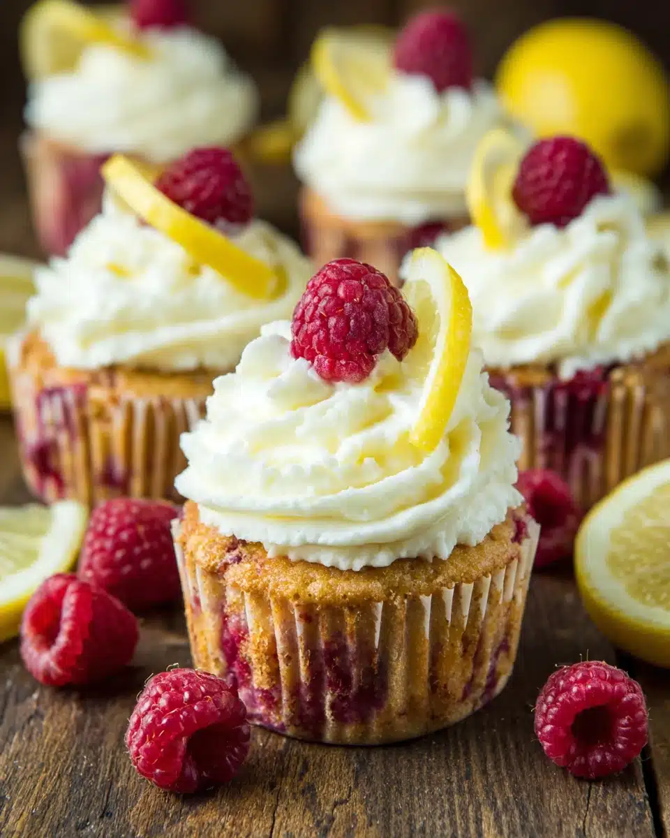 Delicious lemon raspberry cupcakes topped with cream cheese frosting.
