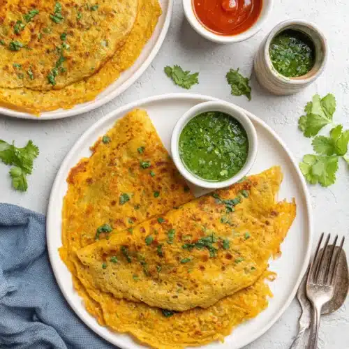 Delicious masoor dal chilla served with chutneys