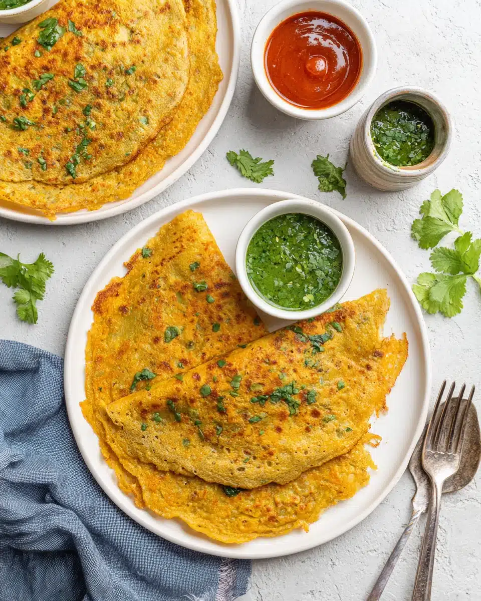 Delicious masoor dal chilla served with chutneys