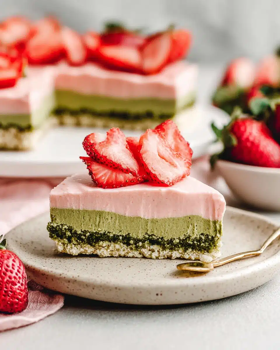 Matcha Strawberry Dessert Delight Delicious matcha strawberry dessert with layers of pink cream and shortbread.