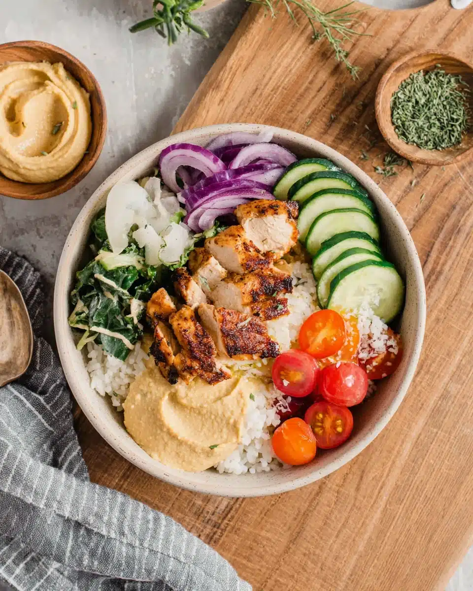 Mediterranean chicken bowls with rice and fresh veggies for a quick meal.