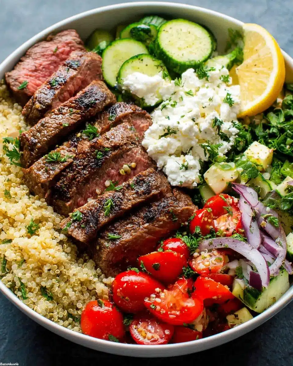 Mediterranean steak bowl featuring fresh veggies and quinoa.
