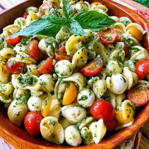 Delicious pasta salad with mozzarella and tomatoes.