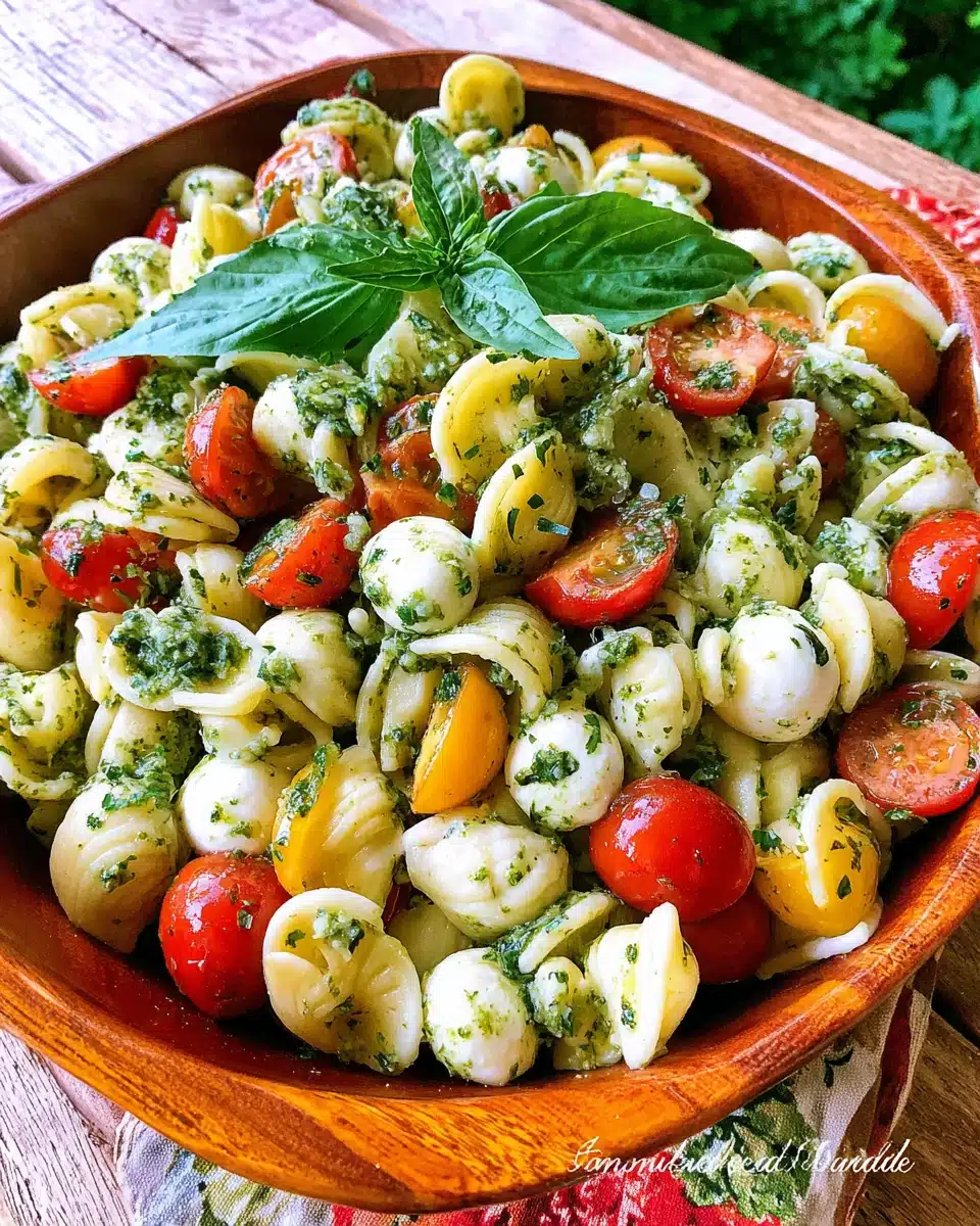 Delicious pasta salad with mozzarella and tomatoes.