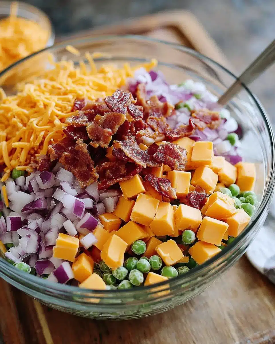 Delicious pea salad ingredients: peas, bacon, red onion, cheddar cheese.