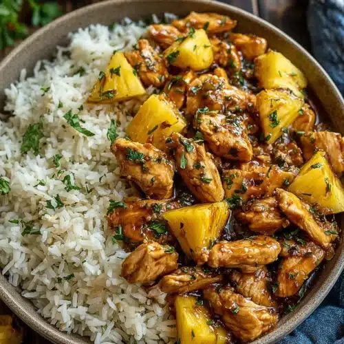 Delicious pineapple chicken served over rice for a family-friendly meal.