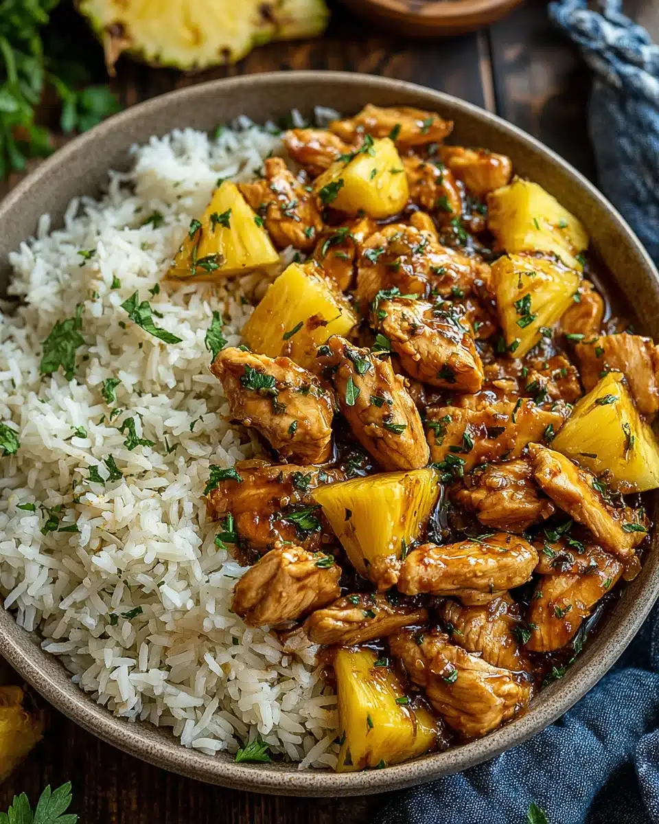 Delicious pineapple chicken served over rice for a family-friendly meal.