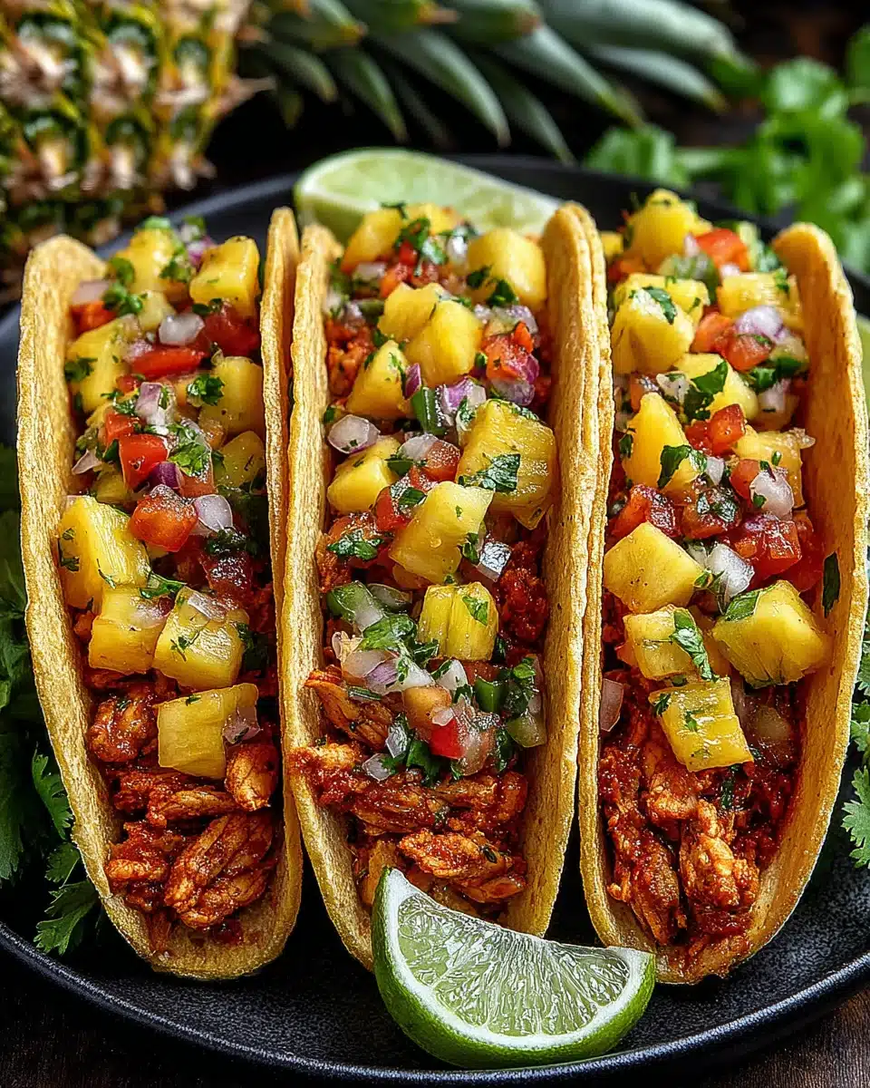 Pineapple chicken tacos topped with fresh salsa and lime