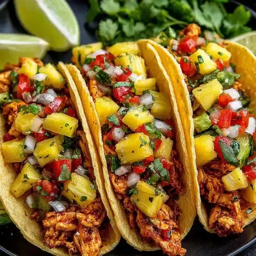 Pineapple chicken tacos with fresh toppings and lime