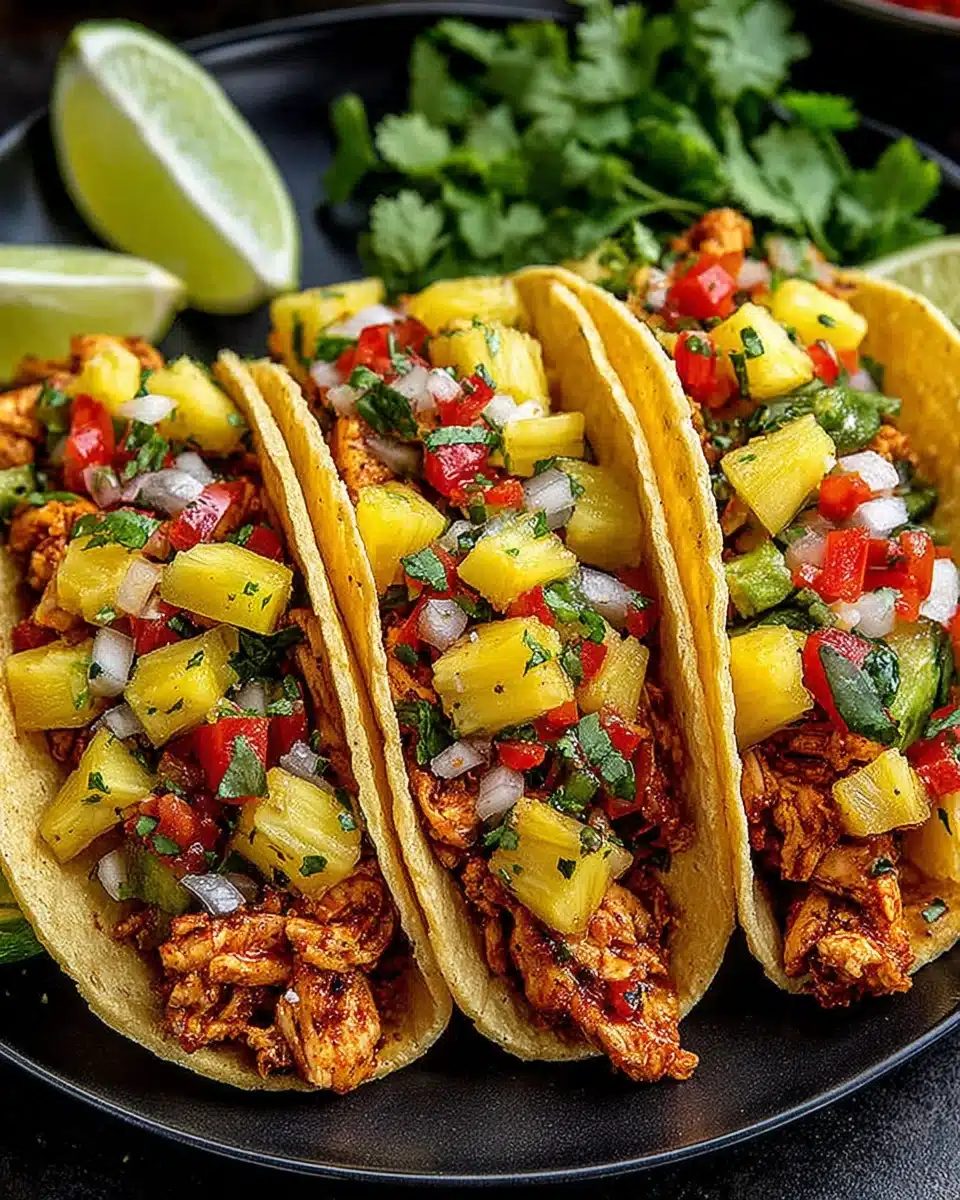 Pineapple chicken tacos with fresh toppings and lime