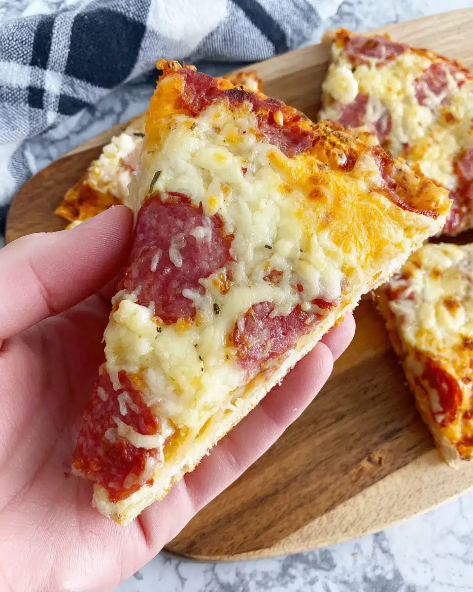 Savory pizza eggs recipe with a cheesy slice.