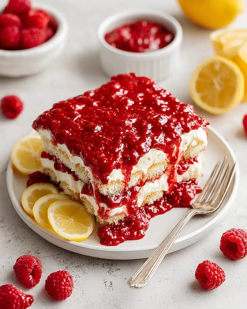 Delicious raspberry tiramisu ready to serve.