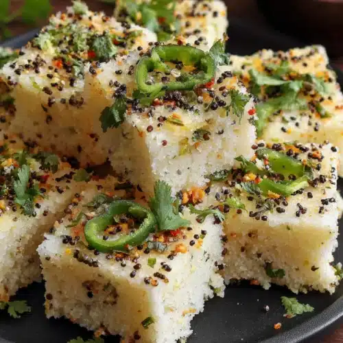 Fluffy rava dhokla dish, perfect for snacks or breakfast.
