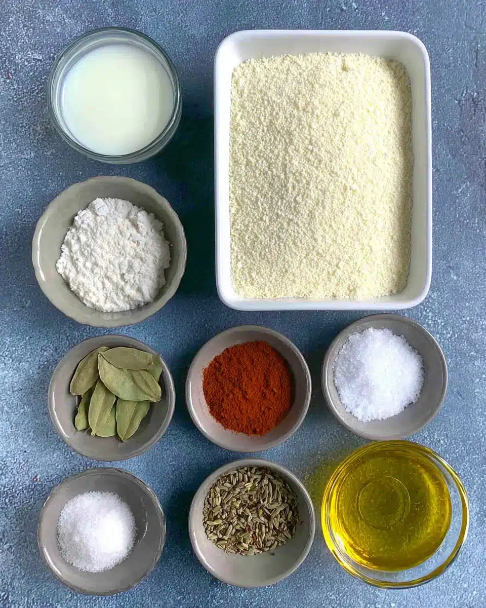 Rava dhokla ingredients: semolina, yogurt, spices, and oil.