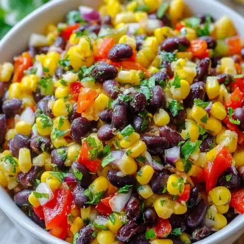Colorful Santa Fe salad with black beans, corn, and bell peppers.
