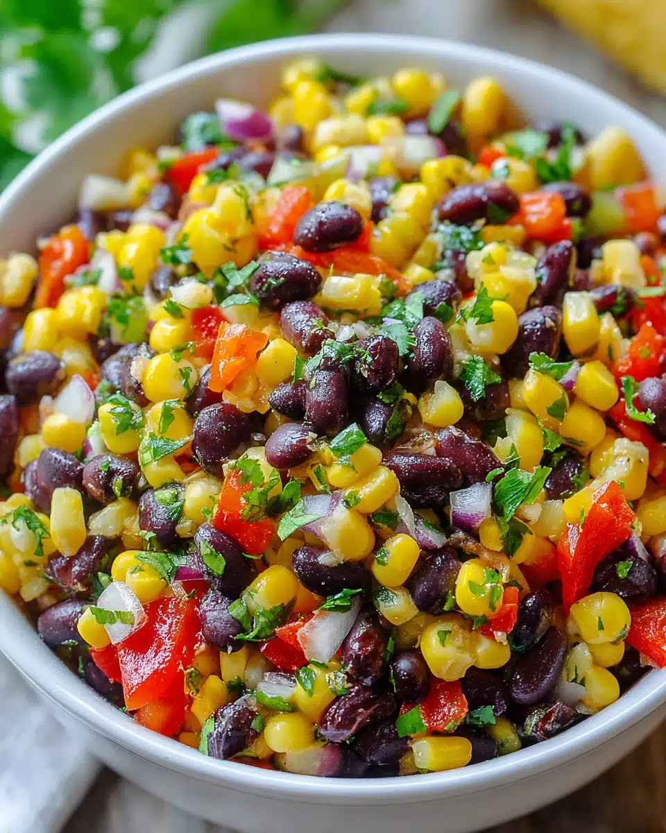 Colorful Santa Fe salad with black beans, corn, and bell peppers.