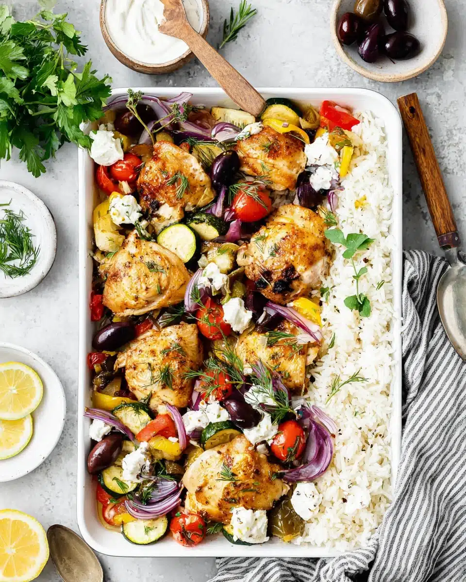 A vibrant sheet pan chicken with veggies and rice.