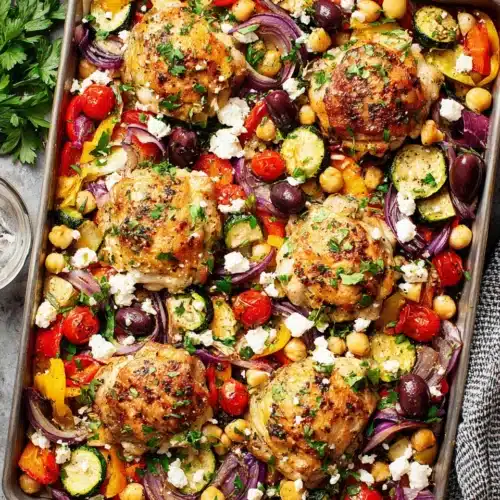 Delicious sheet pan chicken with roasted vegetables.