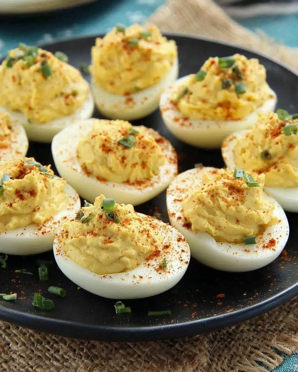 Southern deviled eggs, creamy and savory appetizer.