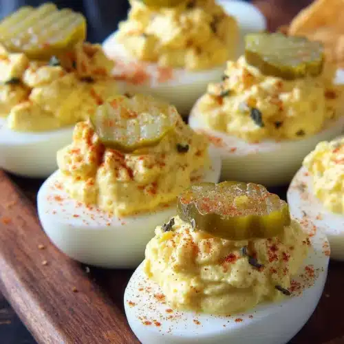 Southern deviled eggs on a platter; creamy and flavorful appetizer.