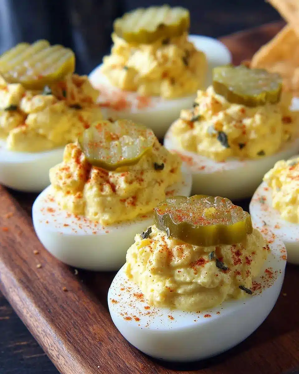 Southern deviled eggs on a platter; creamy and flavorful appetizer.
