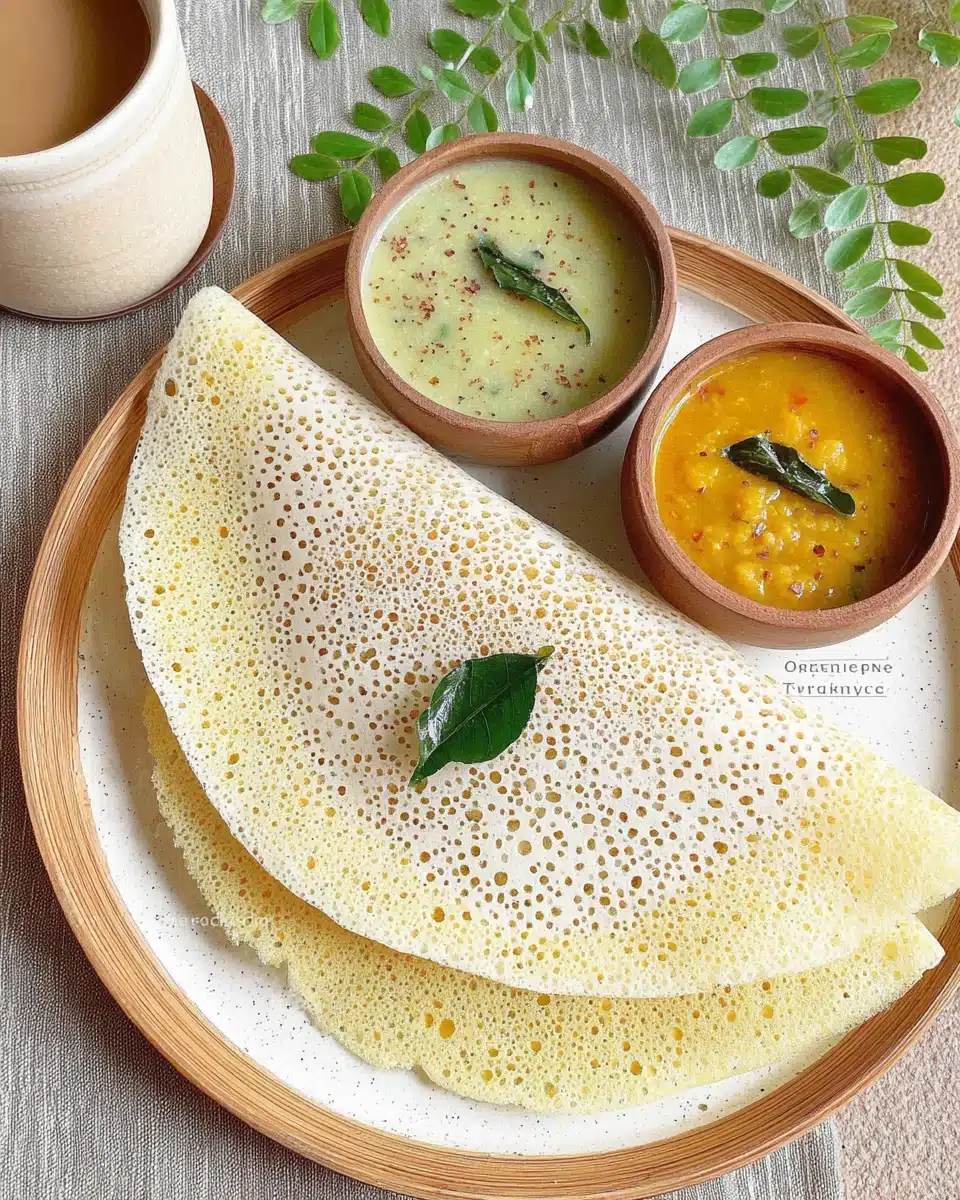 Sponge dosa served with sambar and chutney for breakfast