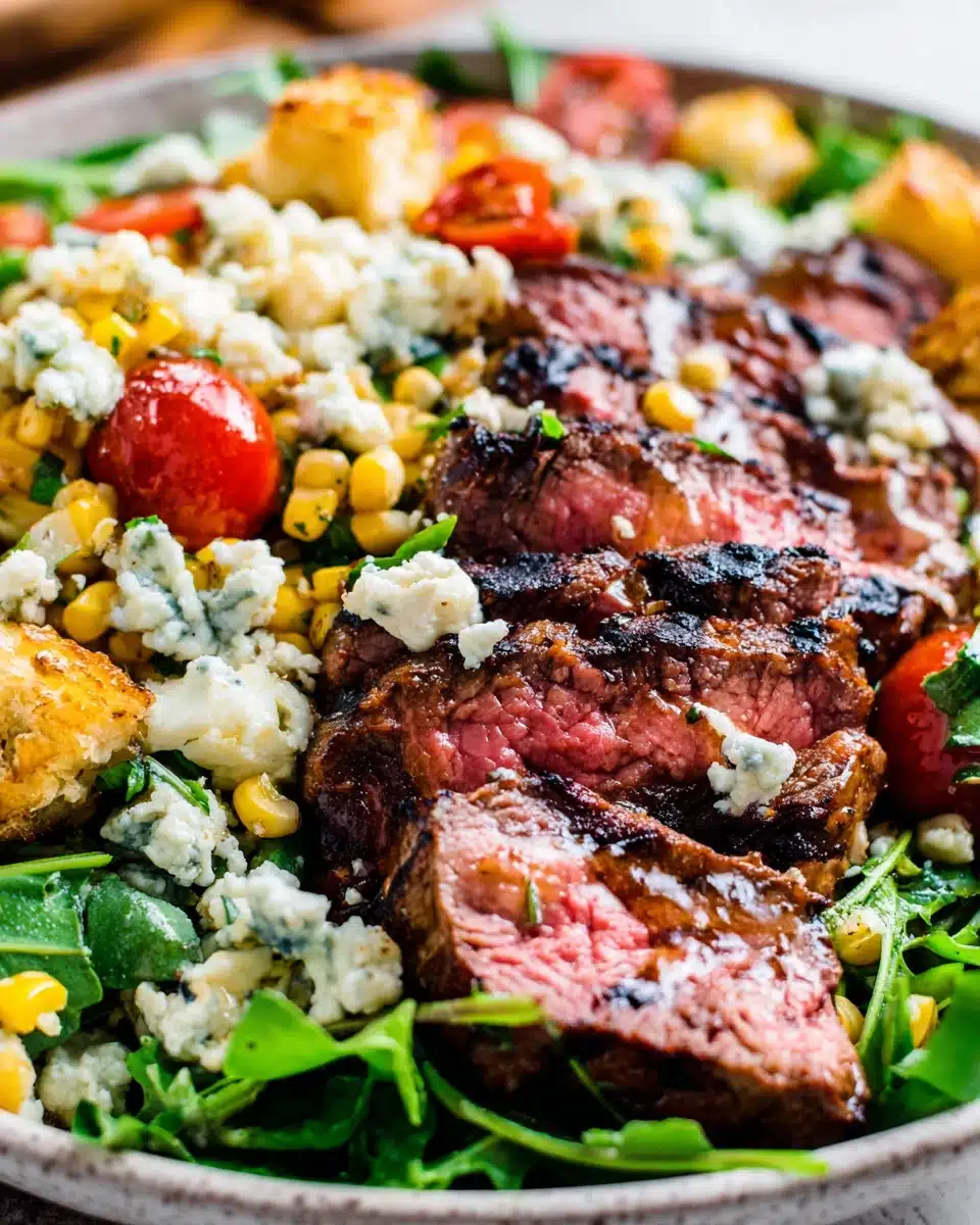 Delicious steak salad with grilled steak, greens, and cheese.