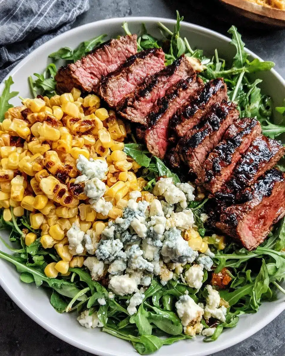 Delicious steak salad with corn, Gorgonzola, and arugula.