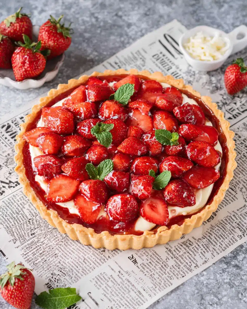 Strawberry Mascarpone Tart Delight Delicious strawberry mascarpone tart with fresh strawberries and mint.