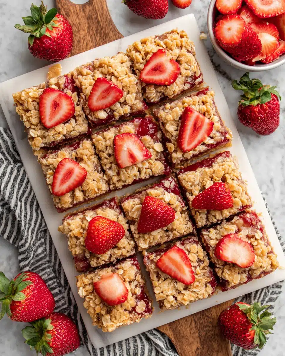 Strawberry oatmeal crumble bars on a white plate.
