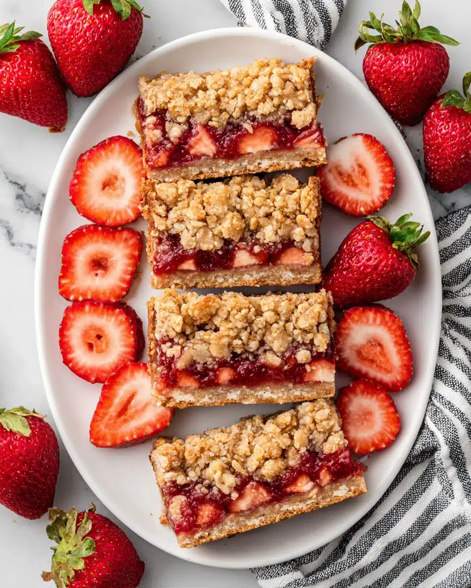 Strawberry oatmeal crumble bars dessert on a plate.