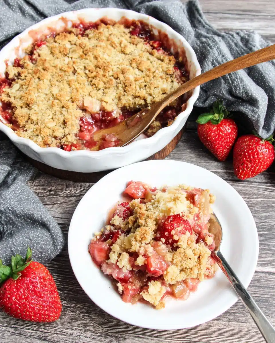 Strawberry Rhubarb Crisp Delight Delicious strawberry rhubarb crisp dessert topped with crunchy topping.