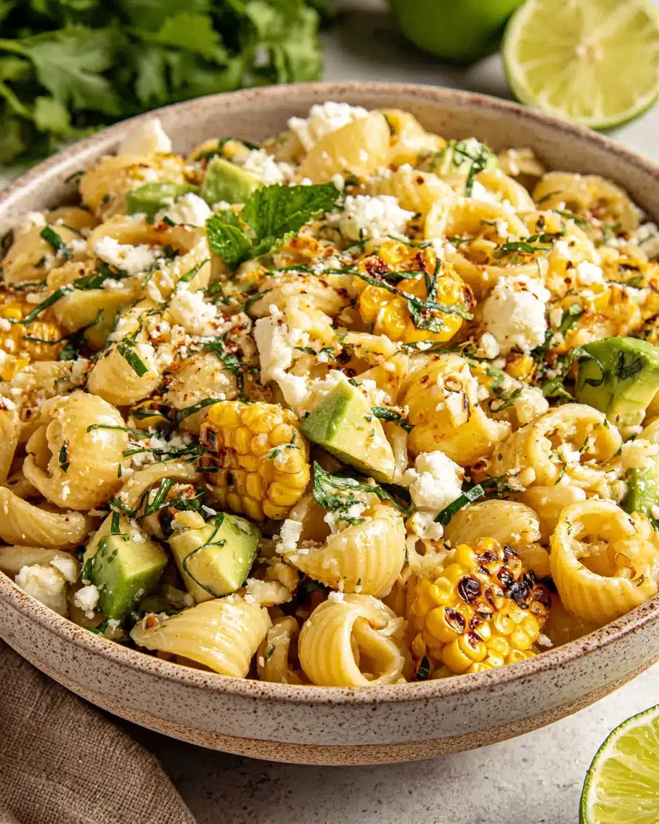 Delicious street corn pasta salad with fresh ingredients.