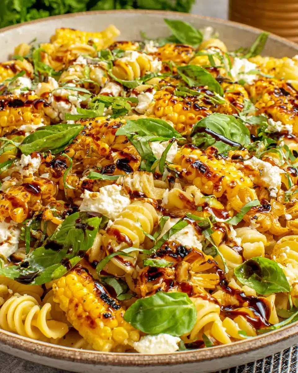 Delicious street corn pasta salad with fresh ingredients.