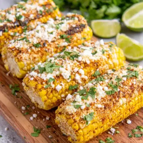 Summer side dish: Grilled Mexican street corn with cheese and spices.