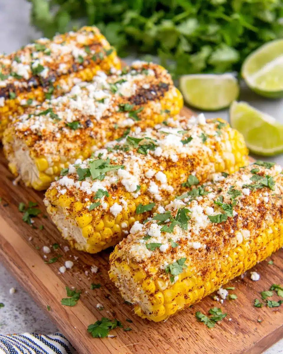 Summer side dish: Grilled Mexican street corn with cheese and spices.