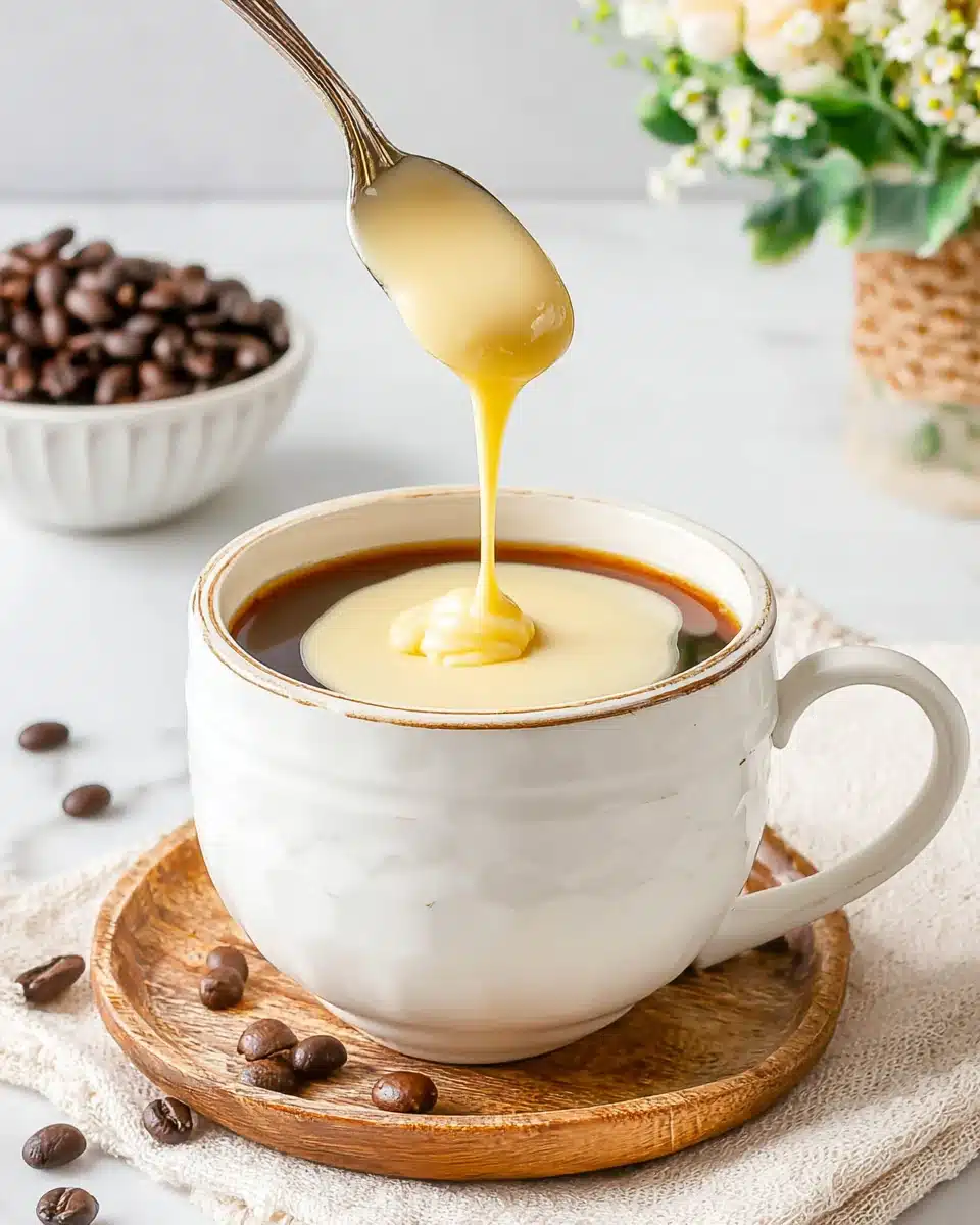 Delicious Sweetened Condensed Milk for Coffee Creamy sweetened condensed milk enhancing coffee flavor.