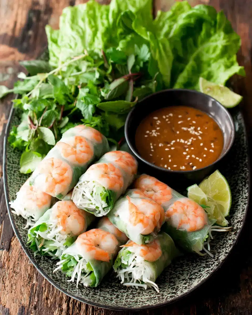 Vietnamese summer rolls with shrimp and fresh herbs.