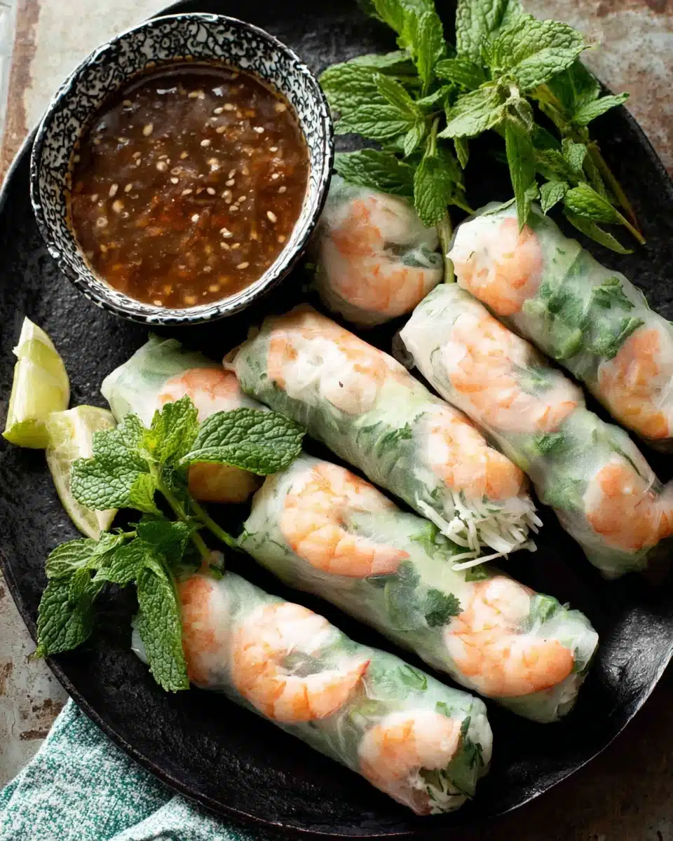 Delicious Vietnamese summer rolls served with a dipping sauce.