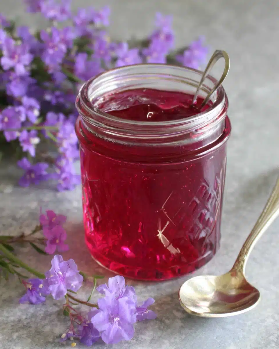 Colorful wild flower jelly in jars with edible flowers.